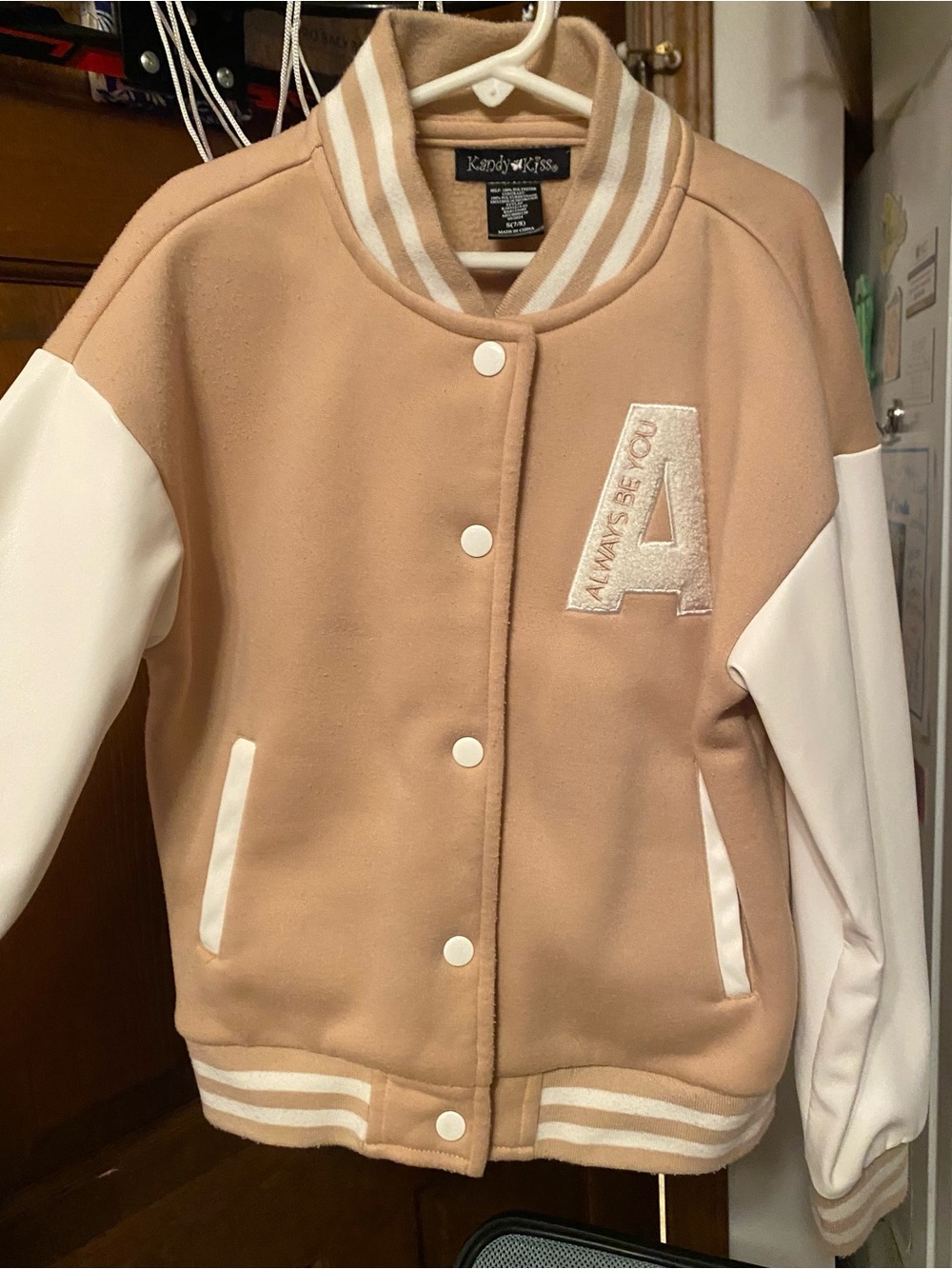 Kandy Kiss Kids' Beige Varsity Jacket with White Pleather Sleeves